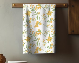 Australia Floral Kitchen Tea Towel, Golden Wattle Home Decor, Yellow Flowers Hostess Gift, Hand and Dish Towel, Botanical Decor for Spring