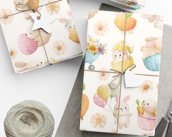 Easter Bunny Rabbit Wrapping Paper Roll and Sheets, Spring Floral Party Supplies and Decor, Cute Easter Egg Gift Wrap for Kids, Eco Friendly