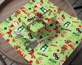 Christmas Santa's Elves Pattern Wrapping Paper Sheets and Roll, Winter Holiday Decor and Party Supplies, Kids Gift, Black Elf Toys Workshop