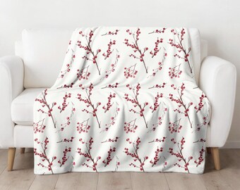 Holly Berry Christmas Velveteen Plush Throw Blanket, Winter Holiday Home Decor, Housewarming Gift, Primitive Rustic Festive Vintage Style