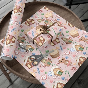 Gingerbread House Candy Theme Wrapping Paper Roll and Sheets, Pink Christmas Gift Wrap, Winter Holiday Cookie Party Supplies and Decor