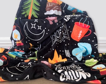 Camping Theme Velveteen Plush Blanket, Camp Blanket, Camping Gift RV Accessories for Inside, Outdoor Lover Gift, Nature Lover Gift, RV Gift