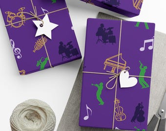 Jazz Band Wrapping Paper Roll, Music Theme Gift Wrap, Brass Instruments Jazz Player Gift for Musician, Unique Instrument Packaging