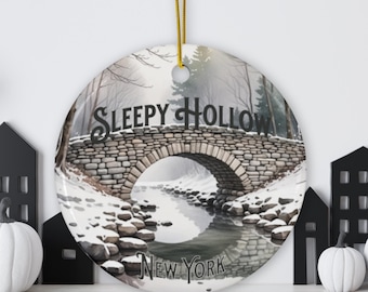Vintage Style Sleepy Hollow New York Tree Ornament, Halloween Souvenir, Fall and Winter Holiday Home Decor, Spooky Season Book Lover Gift