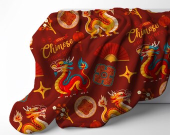 Lunar New Year Dragon Velveteen Plush Blanket, Chinese Throw, Gift for Prosperity, Asian Home Decor, Red Lantern and Fan, China Heritage