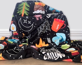 Camping Theme Velveteen Plush Blanket, Camp Blanket, Camping Gift RV Accessories for Inside, Outdoor Lover Gift, Nature Lover Gift, RV Gift