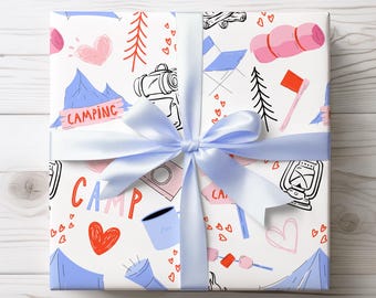 Valentine's Day Camping Wrapping Paper Roll and Sheets, Outdoor Party Supplies and Decor, Nature Hiking Hearts Gift for Kids, Holiday Gift