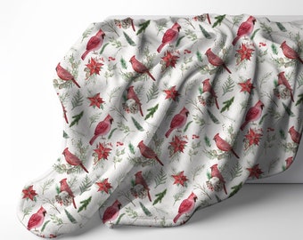 Cardinal Lightweight Velveteen Plush Throw Blanket, Family Christmas Gift, Bird Lover Home Decor, Vintage Style Watercolor Winter Poinsettia