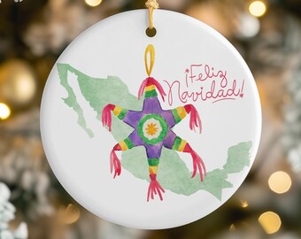 Christmas Mexican Themed Ceramic Ornament, Feliz Navidad Holiday Decoration, Unique Gift, Latin Watercolor Style Art, Travel Keepsake