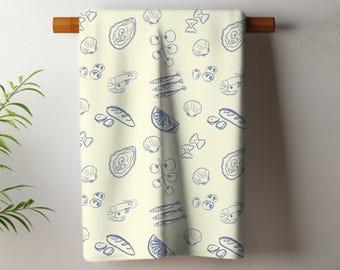 Seafood Nautical Pattern Tea Towel | Oyster Clam Shrimp Shells