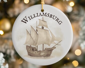 Vintage Sailing Ship Williamsburg Ceramic Ornament | Round Holiday Keepsake