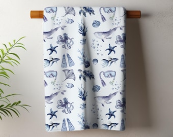 Scuba Diving Nautical Sea Creatures Tea Towel | Ocean Whale Octopus Starfish Print
