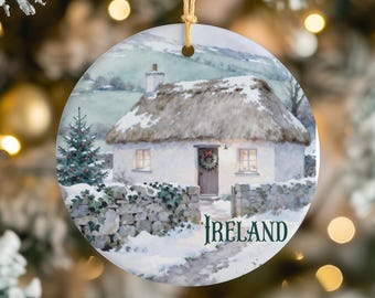 Irish Cottage Winter Scene Ornament | Ceramic Christmas Tree Decoration