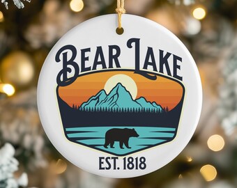 Bear Lake Christmas Tree Ceramic Ornament: Scenic Holiday Keepsake