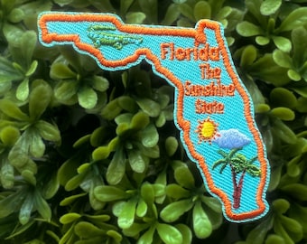 Florida Embroidered Iron On Patch, The Sunshine State Souvenir, Travel Patch for Jackets, Bag, Backpack Accessory, Alligator Embellishment