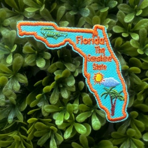 Florida Embroidered Iron On Patch, The Sunshine State Souvenir, Travel Patch for Jackets, Bag, Backpack Accessory, Alligator Embellishment