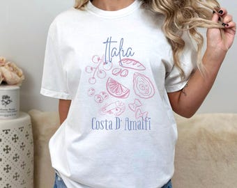 Koszulka z okrągłym dekoltem Italia Amalfi Citrus and Seafood, z motywem cytryny Costa D'Amalfi, prezentem na lato dla szefa kuchni makaronu, komfortową koszulką z włoskimi wakacjami