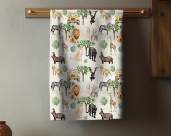 Safari Animal Pattern Tea Towel | Lion, Giraffe, Elephant, Zebra Print