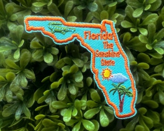 Florida Embroidered Iron On Patch, The Sunshine State Souvenir, Travel Patch for Jackets, Bag, Backpack Accessory, Alligator Embellishment