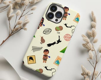 Etui na telefon z ikonami Nowej Zelandii | Kiwi, paproć, postacie maoryskie, wzór ptaka kiwi