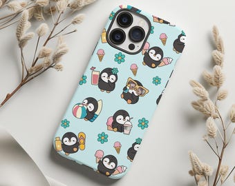Cute Penguin Phone Case, Fun Summer Vibe, Gift for Animal Lovers, Ice Cream Theme, Kawaii Style, Protective Cover, iPhone Plus Pro Max 16 15