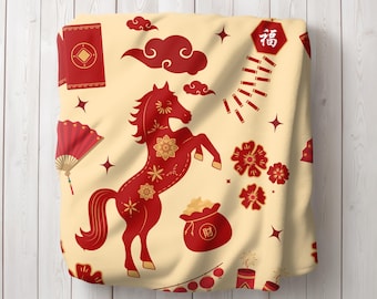 2026 Year of the Fire Horse Velveteen Plush Lightweight Blanket, Chinese Lunar New Year Decor