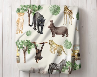 Safari Animal Pattern Velveteen Plush Lightweight Blanket | Lion Elephant Giraffe Print