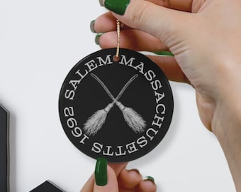 Salem Mass Ceramic Ornament Decoration, Spooky Witch Fall Decor, Classy Minimalist Black and White Halloween Tree Accessories, Vintage Style