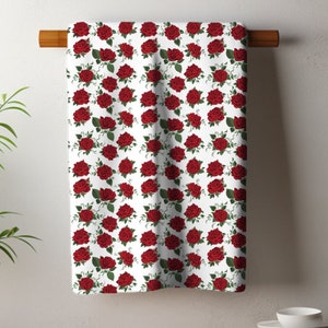 Pretty Rose Red and White Floral Kitchen Tea Towel, Decorative Dish Cloth, Hostess, Housewarming, Mothers Day, Valentine Gift, Home Decor