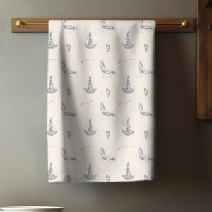 Coastal Seaside Kitchen Tea Towel, Nautical Beach House Decor, Aesthetic Lighthouse Dish Cloth, Hostess Housewarming Gift, Boat Hand Towel