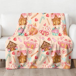 Pink Candy Hearts Gingerbread House Velveteen Plush Throw Blanket, Valentine&#39;s Day Gift for Kids, Christmas Winter Holiday Home Decor