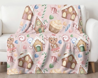 Gingerbread Christmas Pink Velveteen Plush Throw Blanket, Winter Holiday Seasonal Home Decor Accessories, Gingerbread House Candy Girls Gift