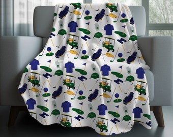 Golf Velveteen Plush Throw Blanket, Golf Player Team Gift, Blue and Green Sports Lover Bedding, Fathers Day, Birthday, Summer Home Decor