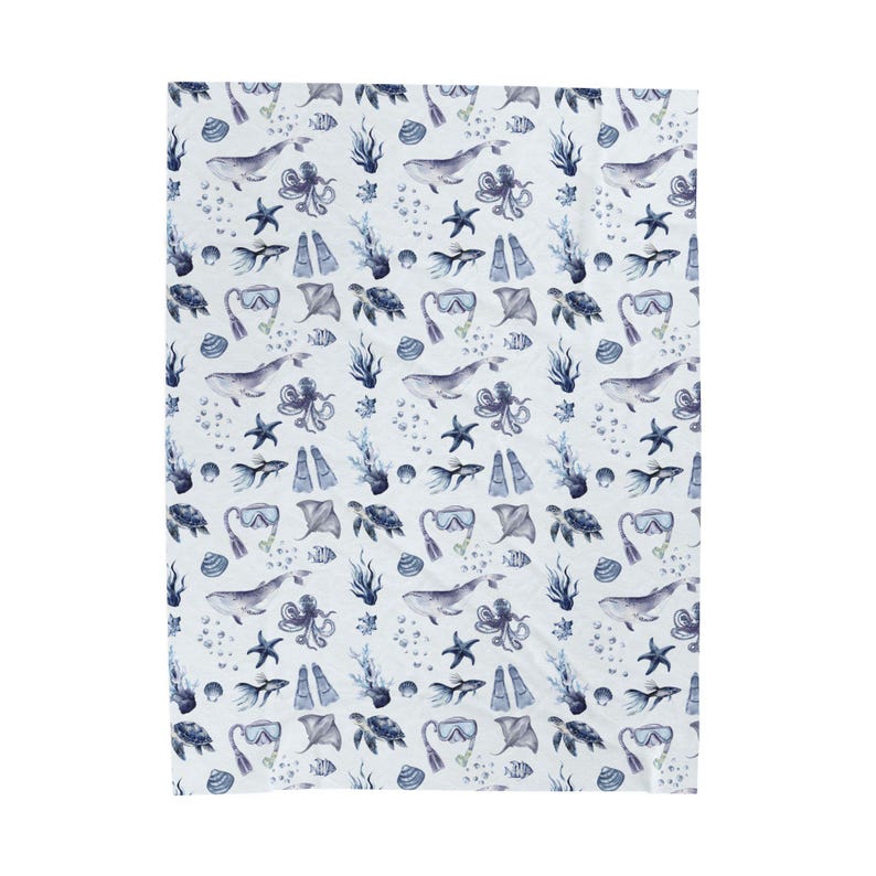 Scuba Diving Watercolor Sea Life Velveteen Plush Lightweight Blanket | Whales, Starfish, Shells image 4