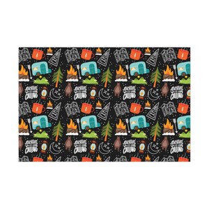 May include: A repeating pattern featuring camping-themed illustrations on a black background. The design includes a teal camper, orange mugs, campfires, trees, bears, maps, lanterns, and the words "Adventure Calling" and "Explore".
