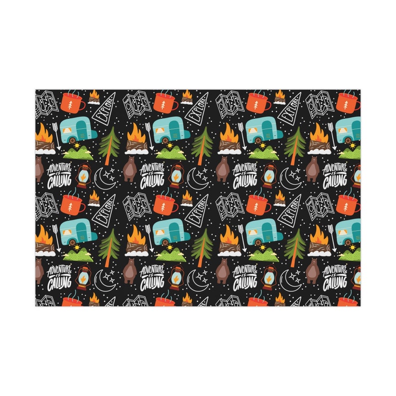 May include: A repeating pattern featuring camping-themed illustrations on a black background. The design includes a teal camper, orange mugs, campfires, trees, bears, maps, lanterns, and the words "Adventure Calling" and "Explore".