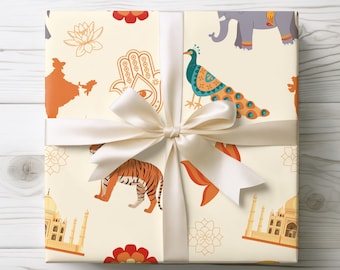 Indian Motif Pattern Gift Wrap Paper | Elephant Tiger Peacock Taj Mahal