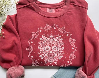 Day of the Dead Comfort Colors Fall Sweatshirt, Dia de Los Muertos Crewneck Pullover, Sugar Skull Mexican Halloween Gift, Mexican Heritage
