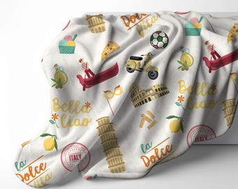 Italy Travel Icons Lightweight Velveteen Plush Blanket, Pisa, Gondola, Gelato Pattern