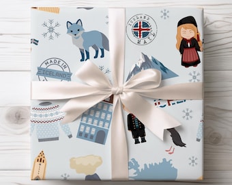 Papier do pakowania prezentów z motywem podróży po Islandii | Papier do pakowania Nordic Puffin, Fox & Landmark