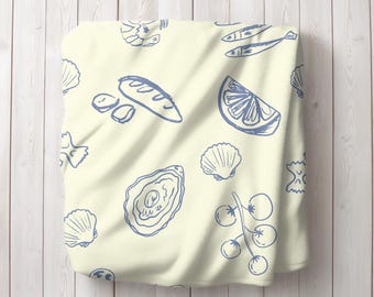 Blue Amalfi Coast Pattern Velveteen Plush Blanket | Coastal Food Throw