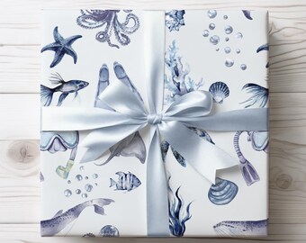 Scuba Diving Nautical Sea Life Pattern Gift Wrap Papers | Whale Shell Starfish Wrapping Paper