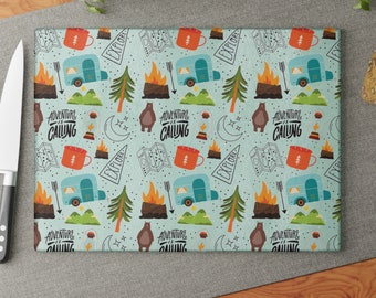 RV Cutting Board, Camp Theme Glass Cutting Board, RV Accessories for Inside, Camping Gift, Camping Decor, Outdoor Lover Gift, RV Gift