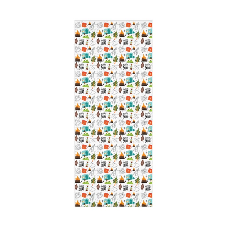 May include: White rectangular towel with a repeating pattern of camping-themed illustrations. The design includes campfires, tents, trees, RVs, mugs, and the text "Adventure Calling" in black. The towel is perfect for outdoor enthusiasts.