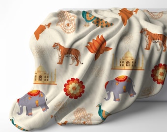 India Icons Pattern Velveteen Plush Lightweight Blanket | Elephant, Peacock, Tiger Motif