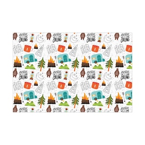 May include: White background with a repeating pattern of camping-themed illustrations. The design includes a teal camper, a campfire, a bear, a map, a coffee mug, a lantern, a tree, and the text "Adventure Calling."