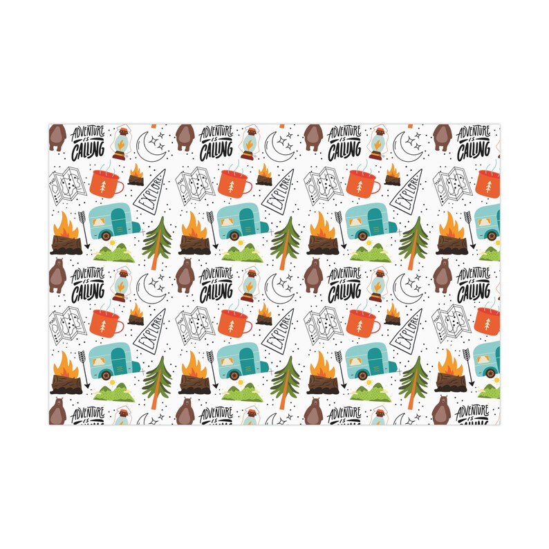 May include: White background with a repeating pattern of camping-themed illustrations. The design includes a teal camper, a campfire, a bear, a map, a coffee mug, a lantern, a tree, and the text "Adventure Calling."