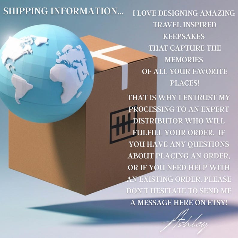 May include: A light blue globe with white continents rests next to a brown cardboard box with white tape. Text on the image reads: "I love designing amazing travel inspired keepsakes that capture the memories of all your favorite places!"