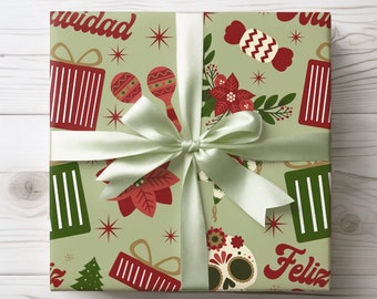 Feliz Navidad Gift Wrap, Festive Spanish Christmas Wrapping Paper Roll and Sheets, Mexican Xmas Holiday Party Supplies and Decor, Latino