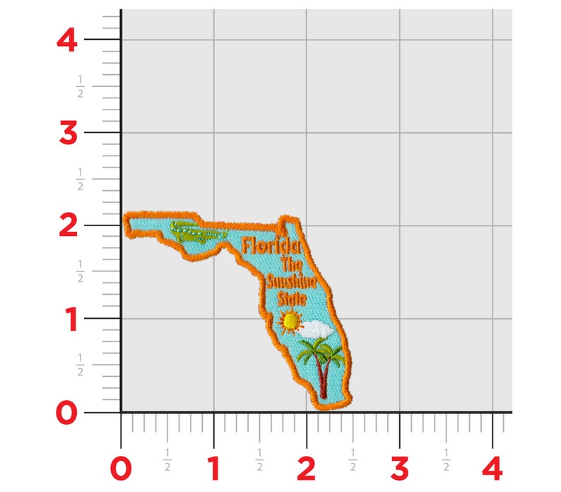 May include: An embroidered patch shaped like the state of Florida. The patch is orange and blue with the text "Florida The Sunshine State" and a small image of a palm tree, sun, and cloud.